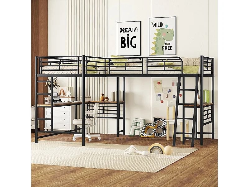 Cama en entreplanta de 90 x 200 cm, dos literas, mesa bajo la cama, escalera doble