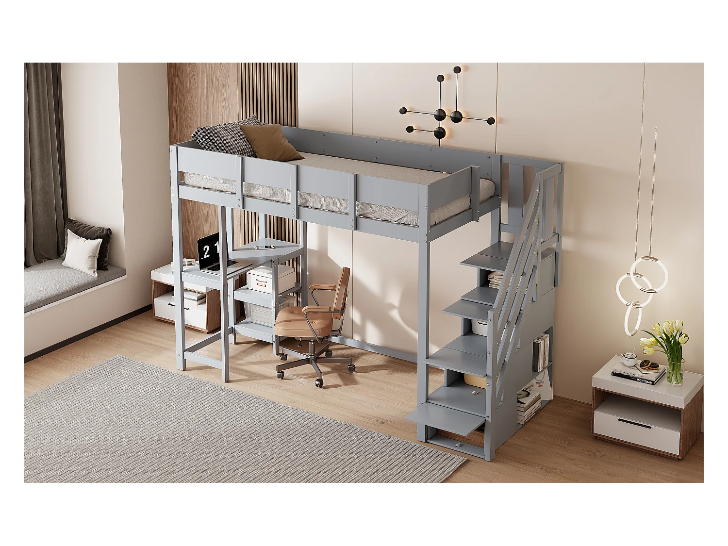 Beliche multifuncional com espaço de arrumação, cama alta com prateleira