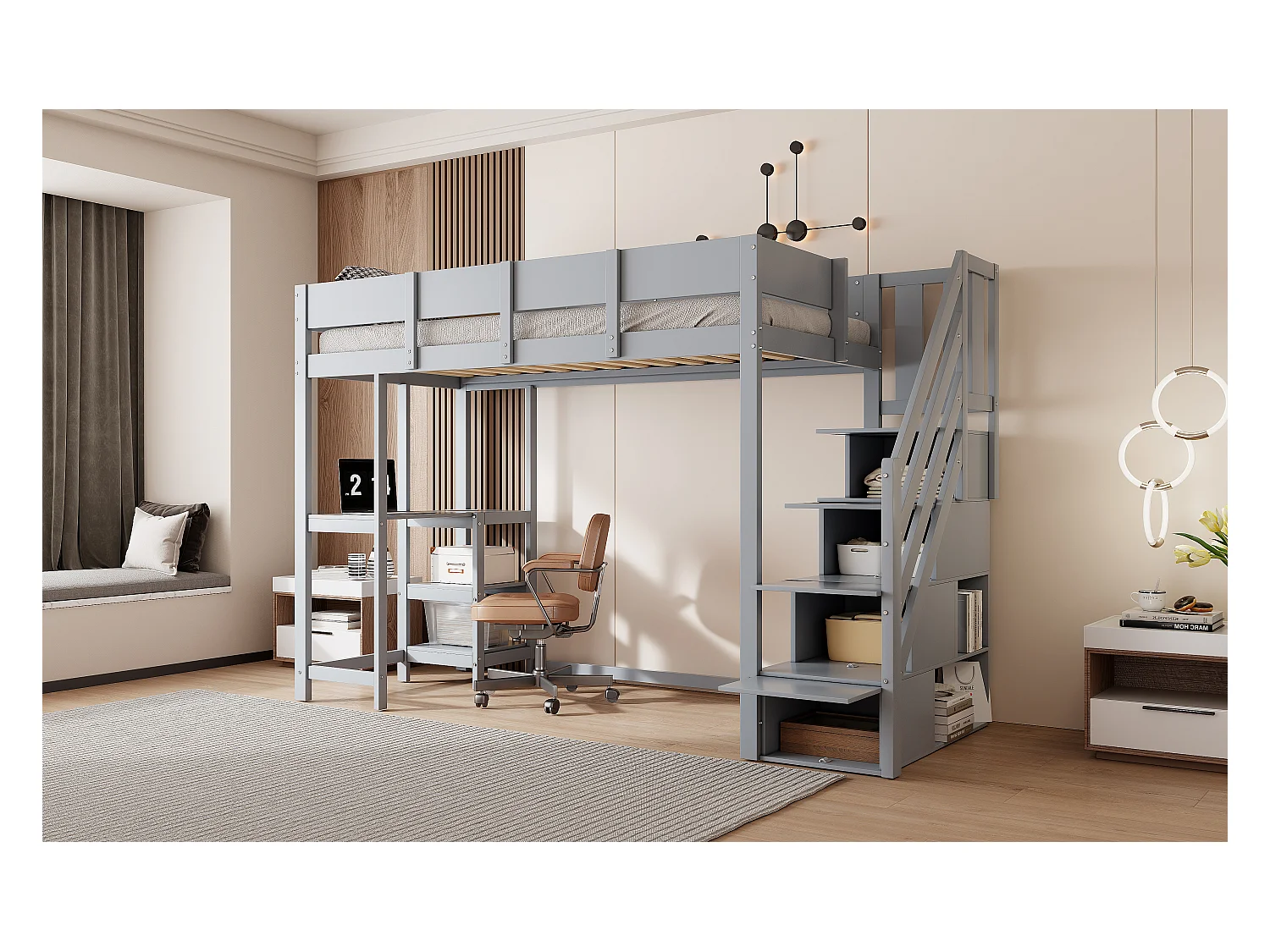 Beliche multifuncional com espaço de arrumação, cama alta com prateleira