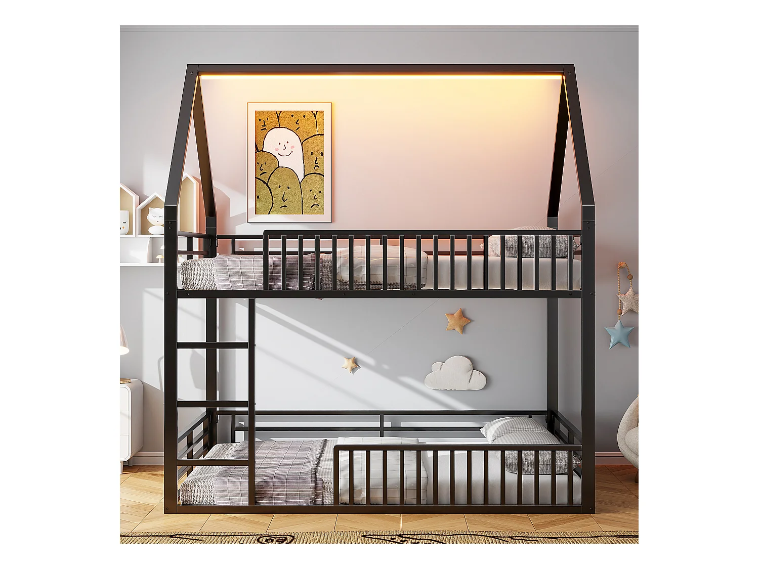 140x200 Haus-Etagenbett mit Zaun und LED-Licht, Schwarz