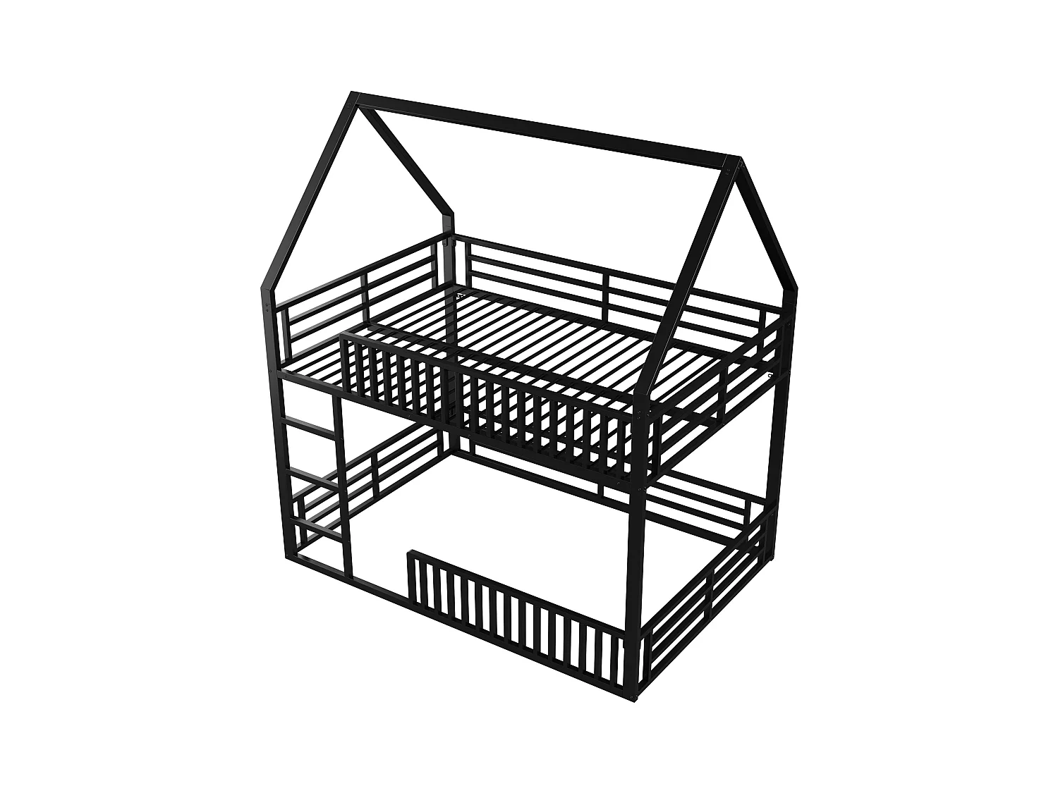 140x200 Haus-Etagenbett mit Zaun und LED-Licht, Schwarz