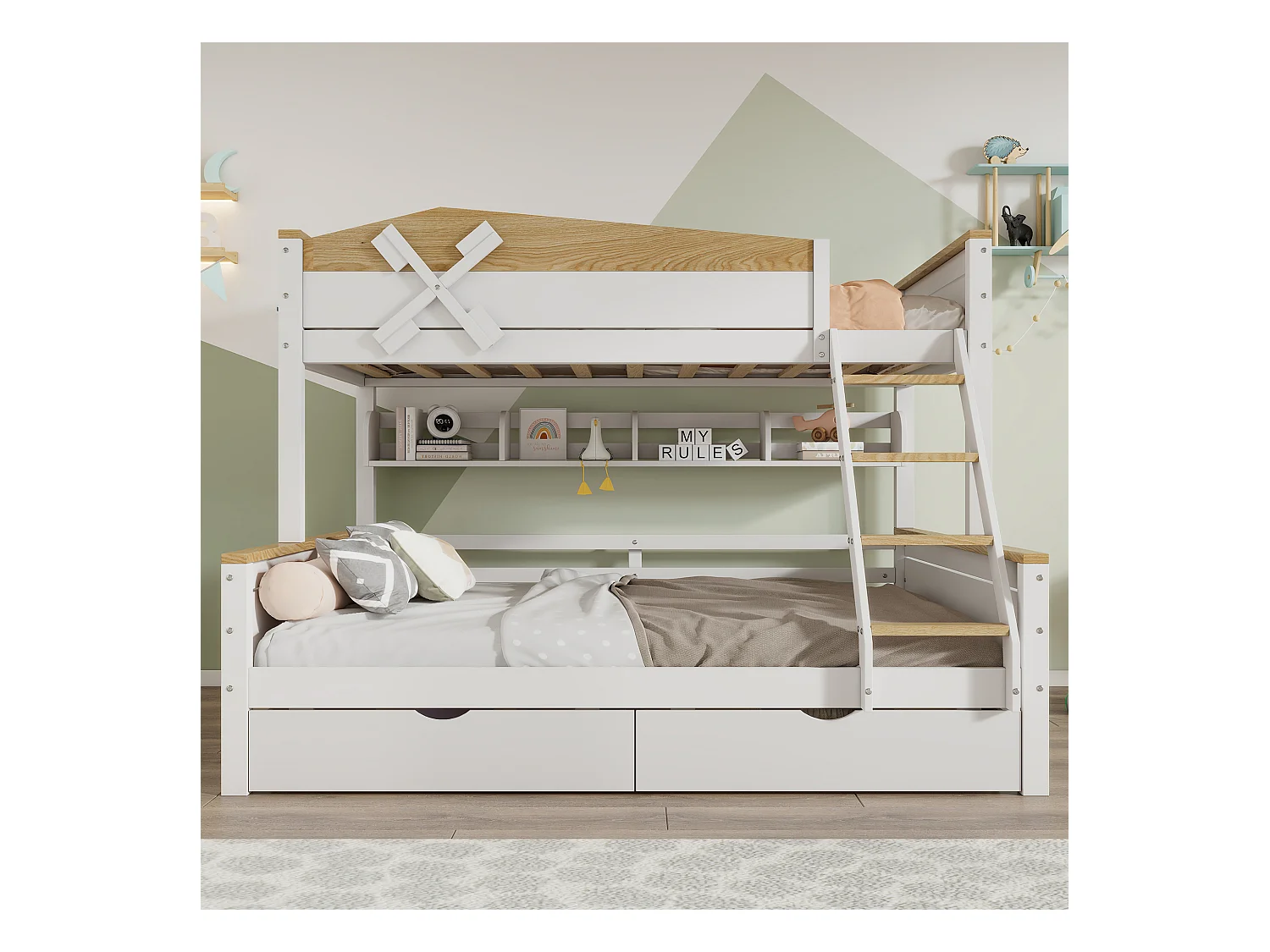 Etagenbett mit Windmühle, mit Regalen,Kinderbett,mit farblich abgesetztem Fallschutzgitter