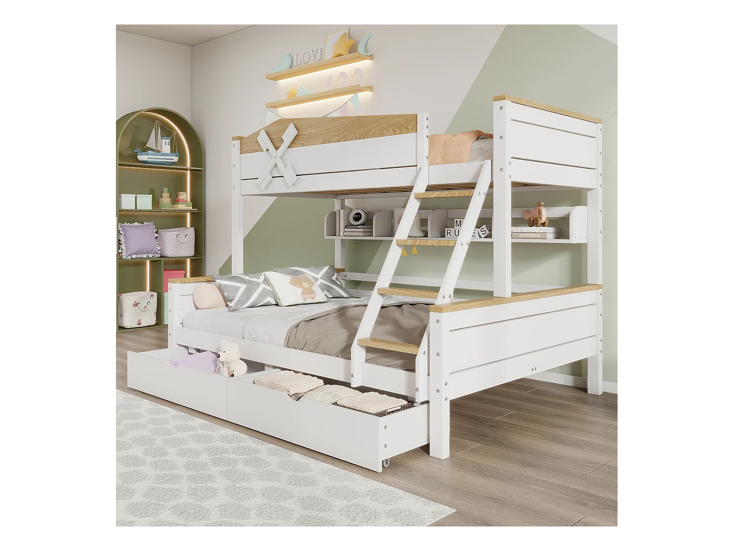 Etagenbett mit Windmühle, mit Regalen,Kinderbett,mit farblich abgesetztem Fallschutzgitter