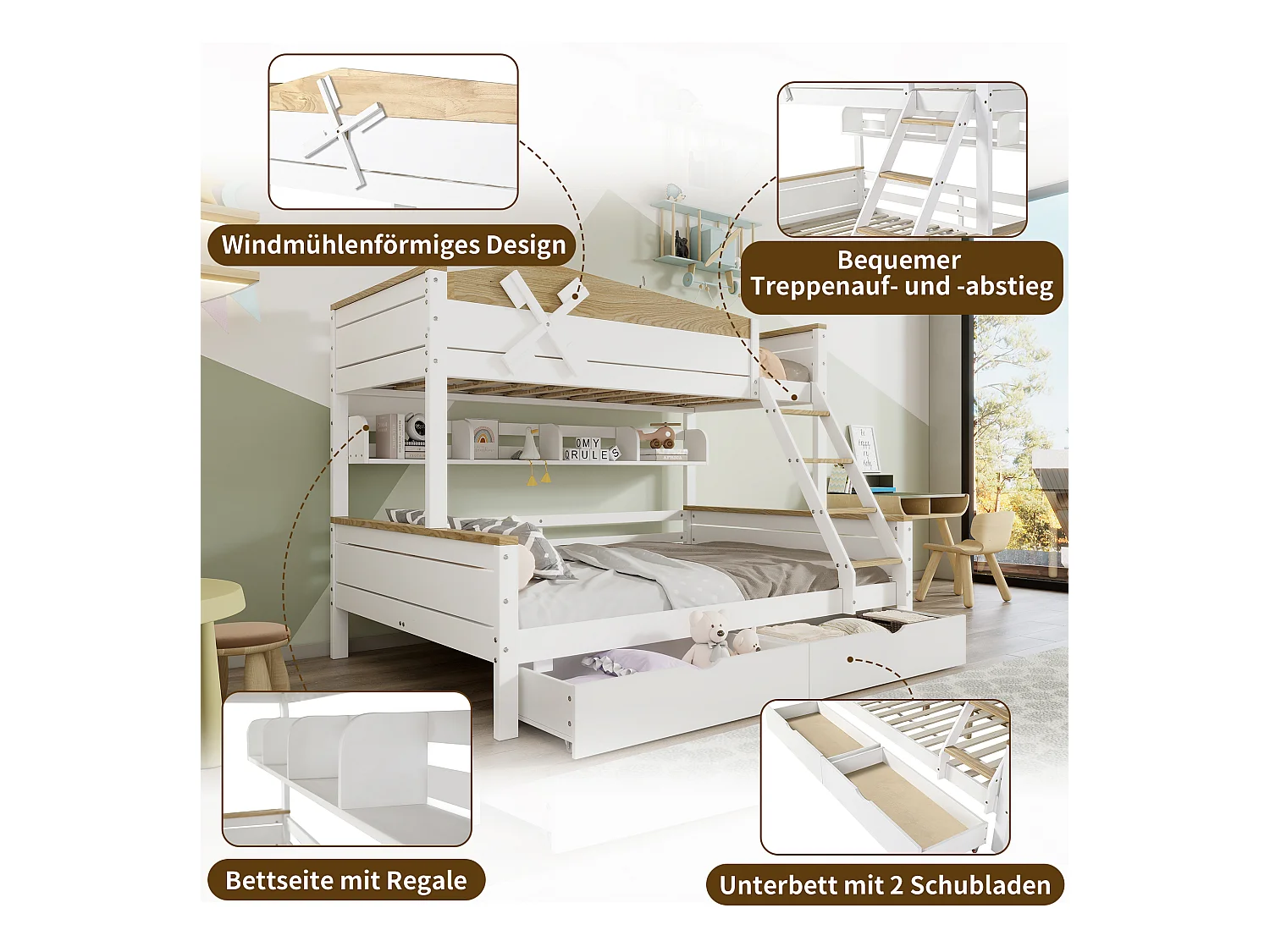 Etagenbett mit Windmühle, mit Regalen,Kinderbett,mit farblich abgesetztem Fallschutzgitter