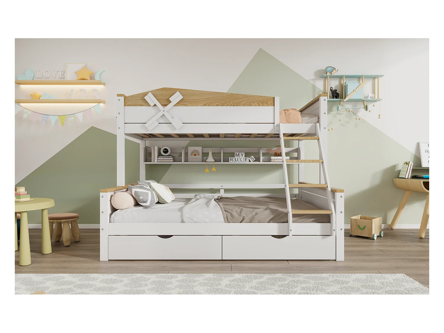 Etagenbett mit Windmühle, mit Regalen,Kinderbett,mit farblich abgesetztem Fallschutzgitter