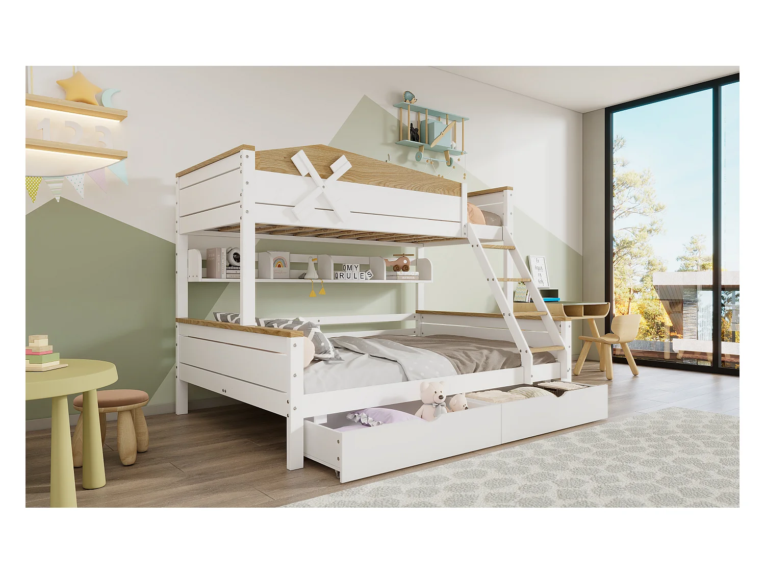 Etagenbett mit Windmühle, mit Regalen,Kinderbett,mit farblich abgesetztem Fallschutzgitter