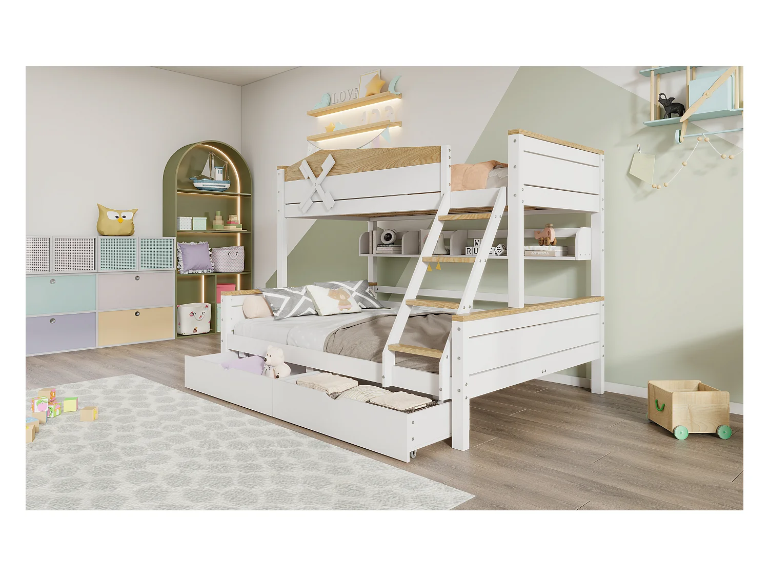 Etagenbett mit Windmühle, mit Regalen,Kinderbett,mit farblich abgesetztem Fallschutzgitter