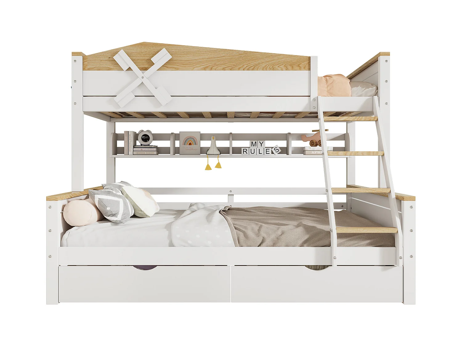 Etagenbett mit Windmühle, mit Regalen,Kinderbett,mit farblich abgesetztem Fallschutzgitter