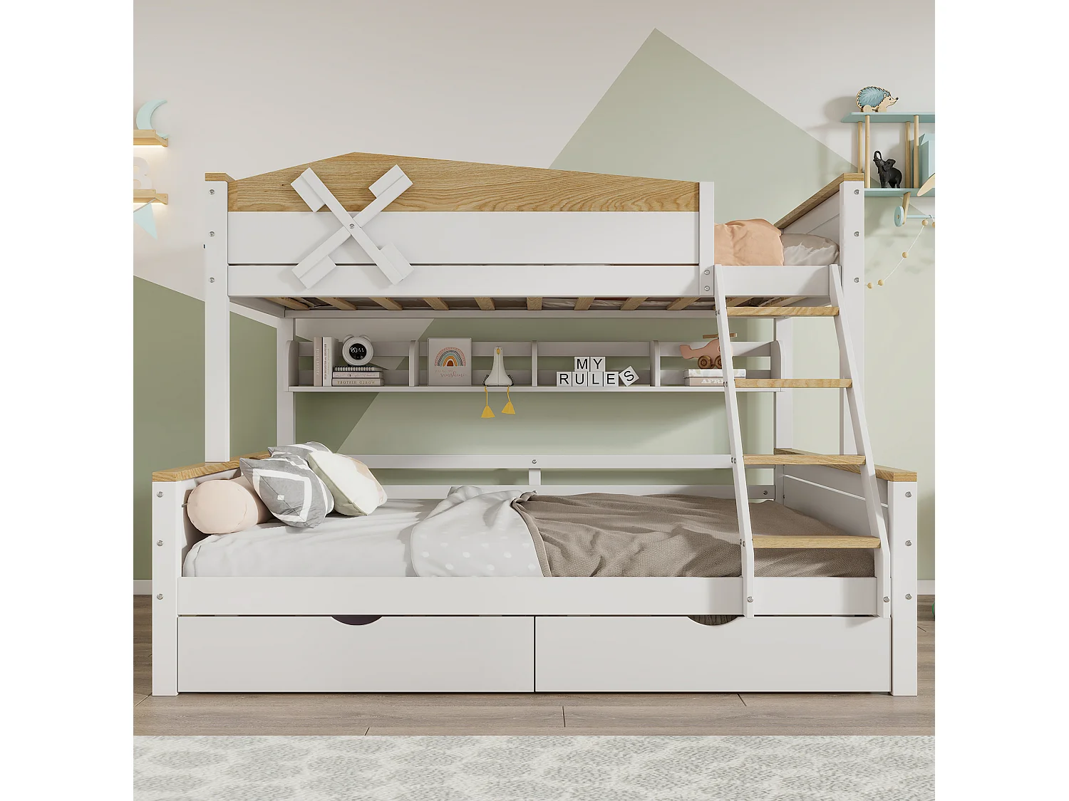 Beliche "Moinho de Vento" com prateleiras, cama infantil com grade de segurança contrastante