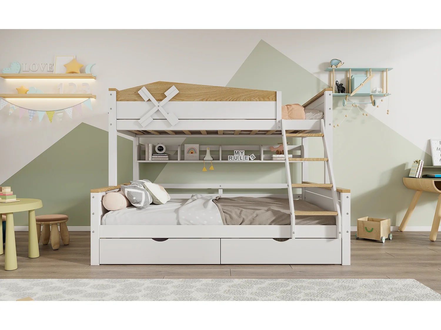 Beliche "Moinho de Vento" com prateleiras, cama infantil com grade de segurança contrastante