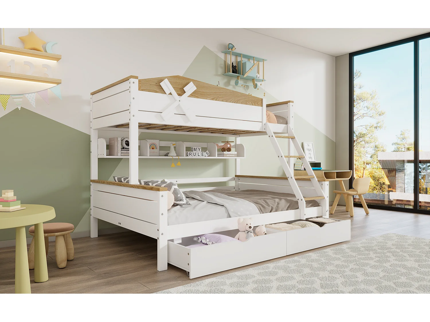 Beliche "Moinho de Vento" com prateleiras, cama infantil com grade de segurança contrastante