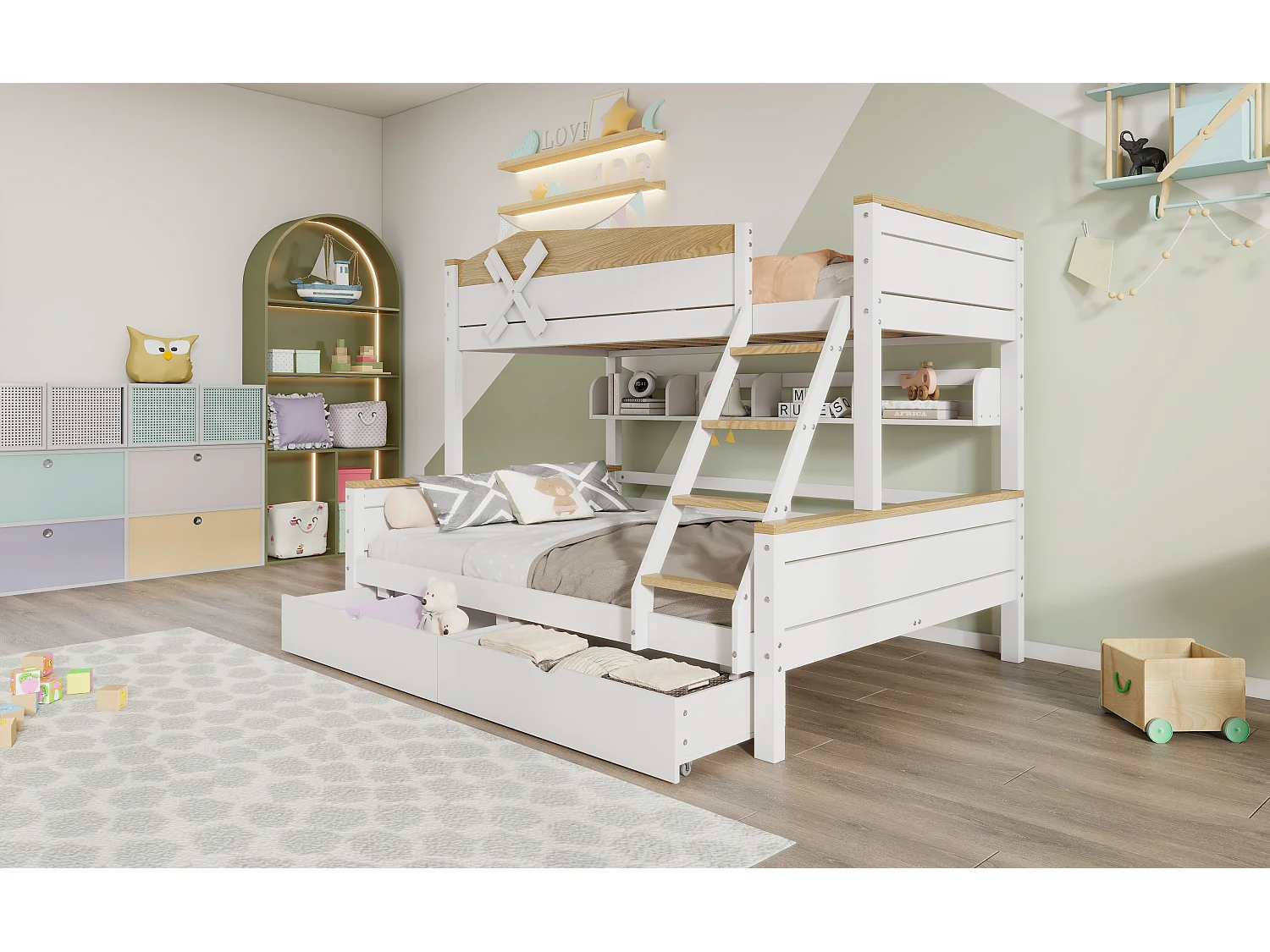 Beliche "Moinho de Vento" com prateleiras, cama infantil com grade de segurança contrastante