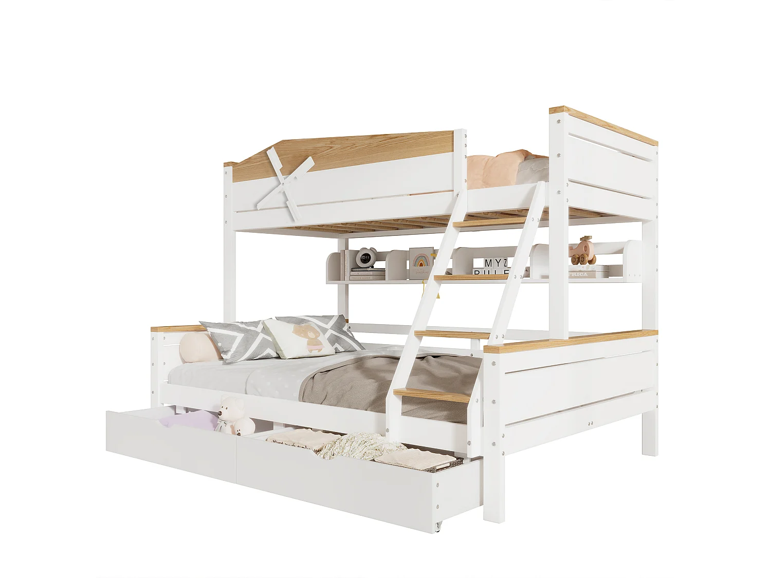 Beliche "Moinho de Vento" com prateleiras, cama infantil com grade de segurança contrastante