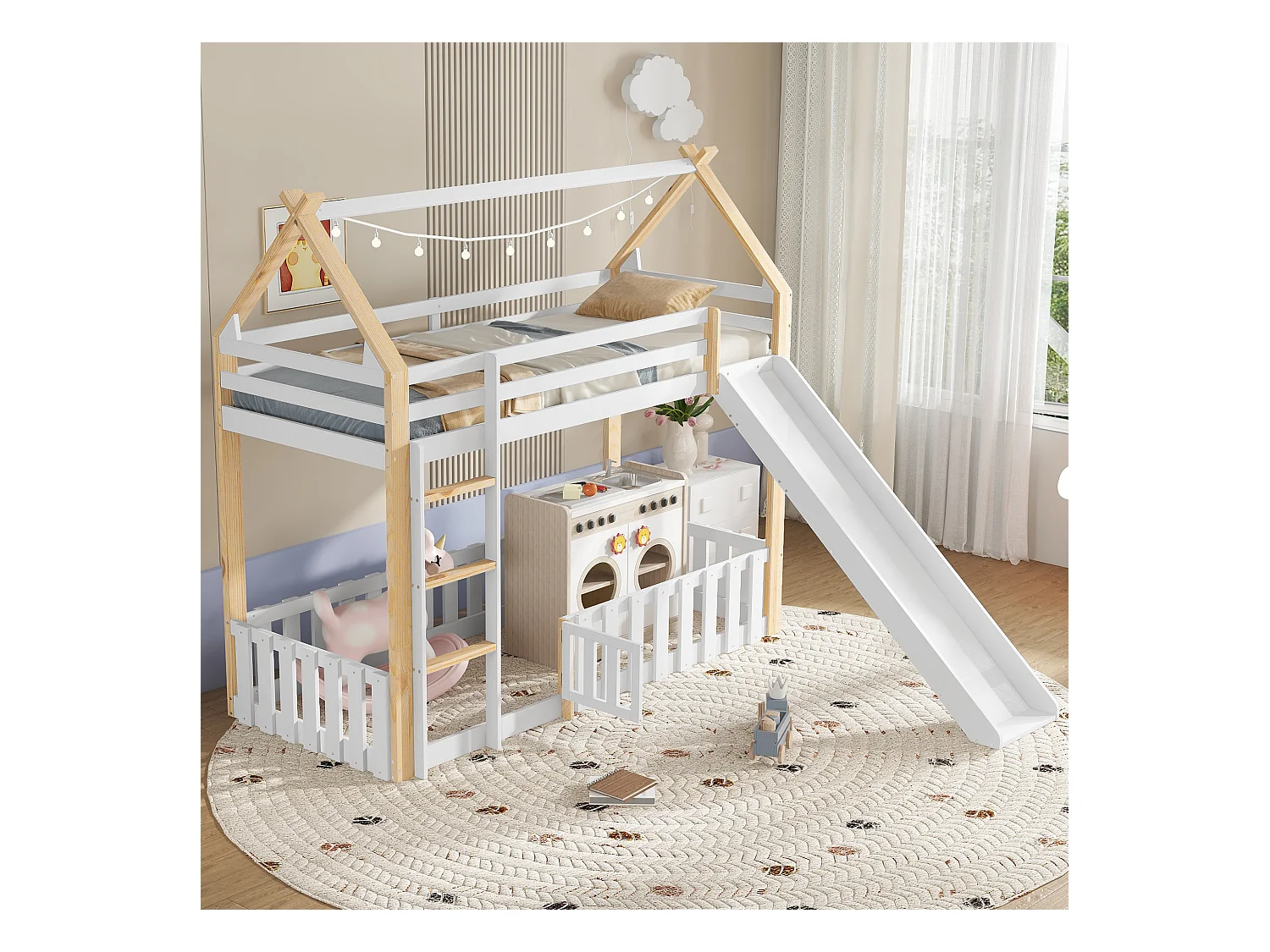 Etagenbett, Kinderbett, Exquisite Dachform, Mit Lustige Kinderrutsche,Freier Raum mit Zaun
