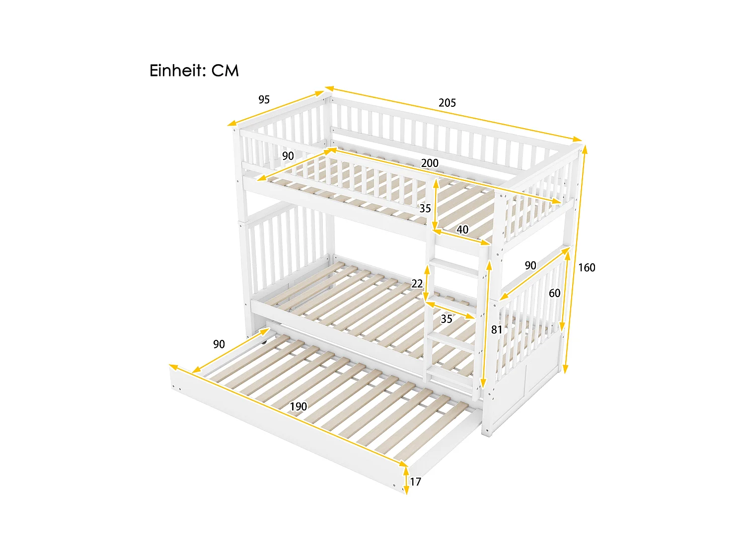 Letti a castello 90 x 200 cm, letti per bambini, letti tripli, letti a castello con letto estraibile