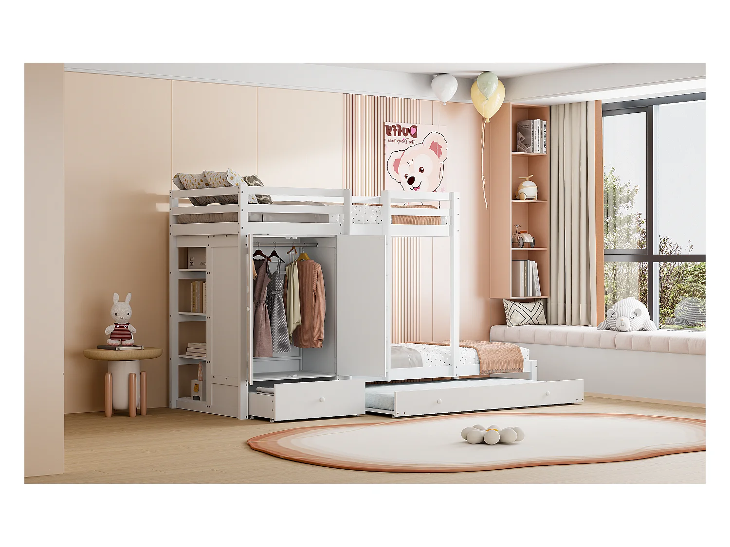 Etagenbett aus Massivholz 90*200 mit Ausziehbett, multifunktionales Kinderbett