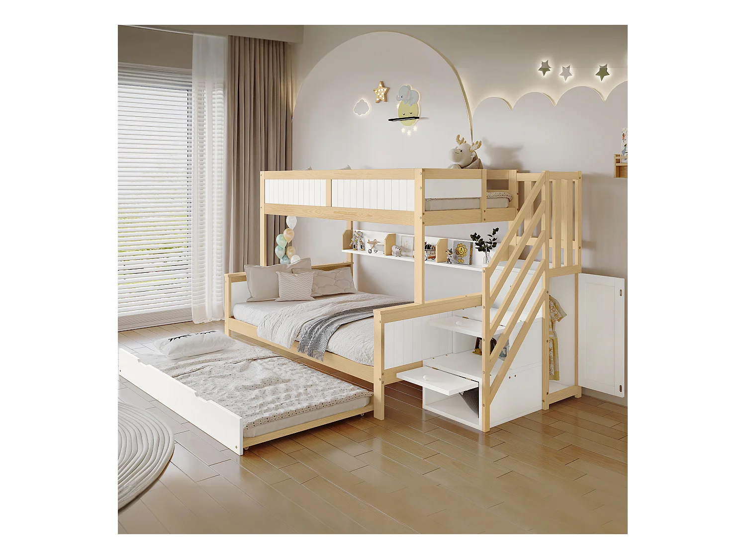 Etagenbett, Kinderbett, mit Fallschutz und Gitter, Entworfen mit drei Bettpositionen