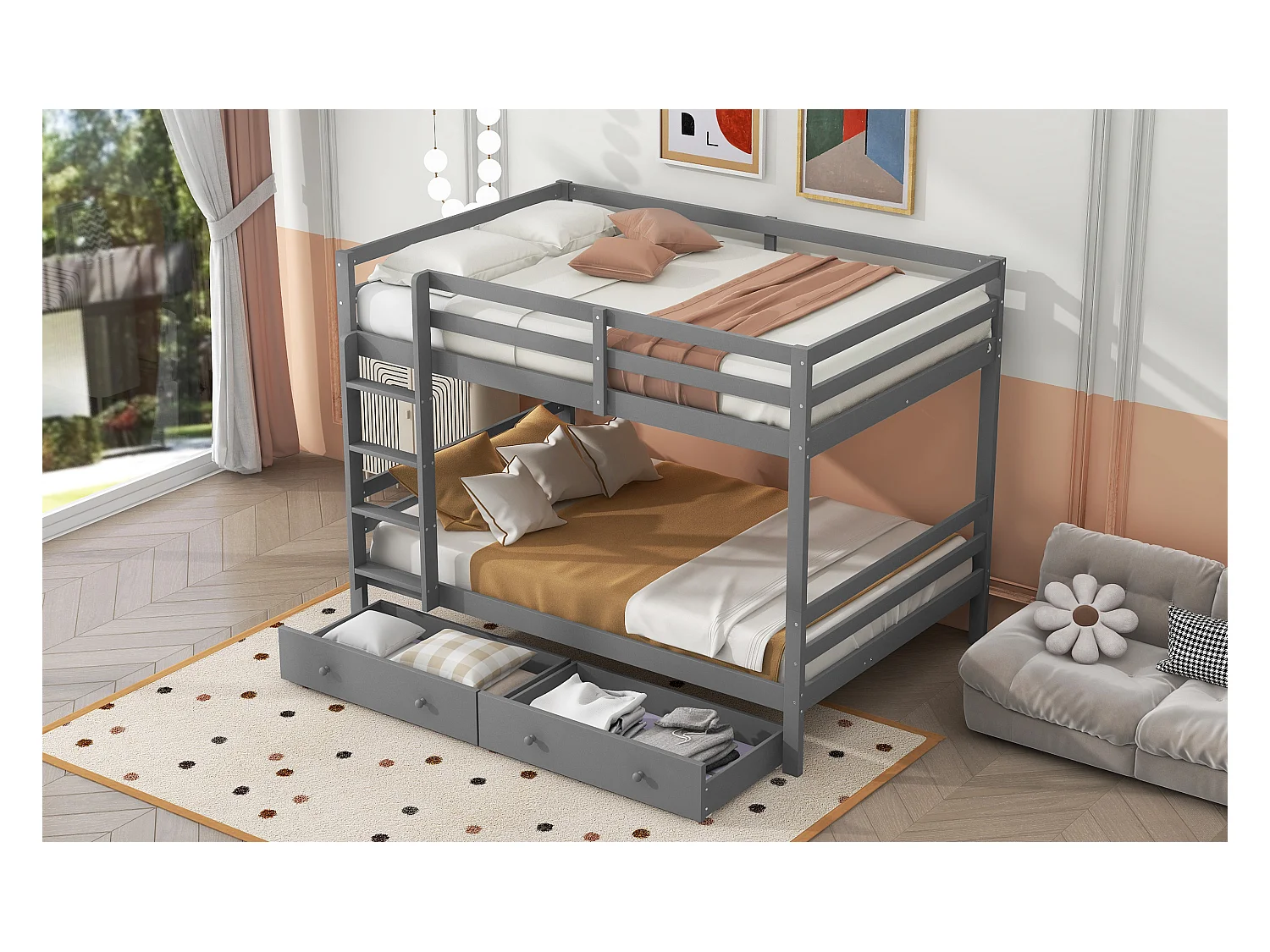 Stapelbed 140x200 cm, kinderbed met lades, opbergruimte, hoge leuningen