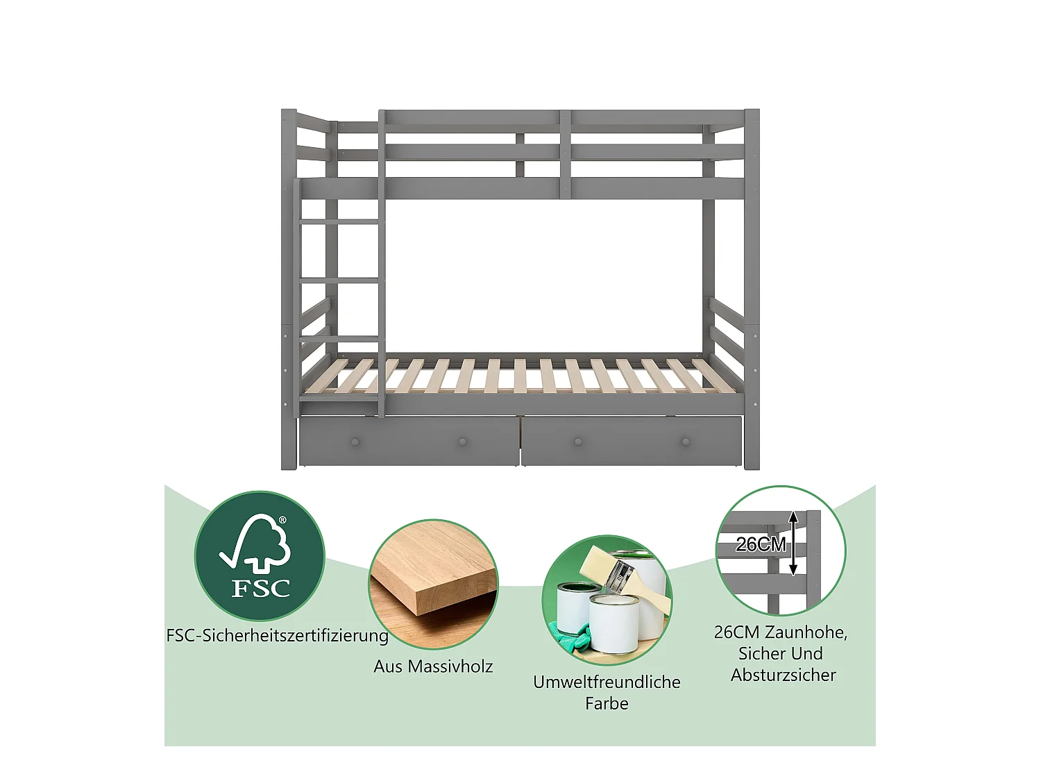 Stapelbed 140x200 cm, kinderbed met lades, opbergruimte, hoge leuningen