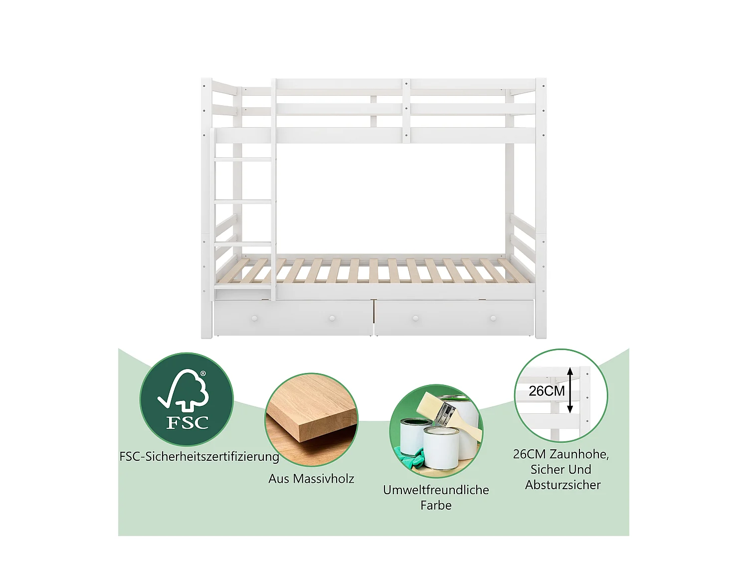140*200cm Etagenbett Kinderbetten mit Schubladen, Stauraum, Hohe Geländer, Weiß