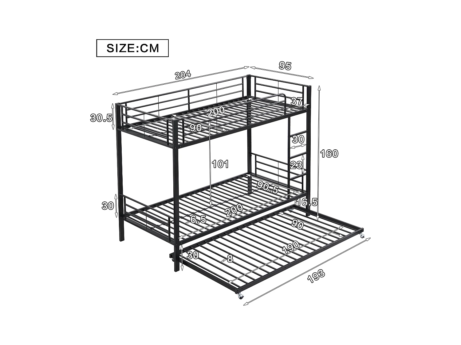 Eisenbett, Etagenbett, Geeignet für Kinder und Jugendliche, mit Ausziehbett