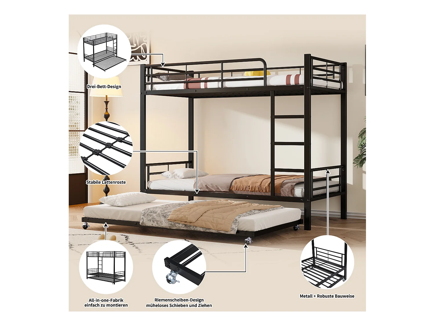 Eisenbett, Etagenbett, Geeignet für Kinder und Jugendliche, mit Ausziehbett