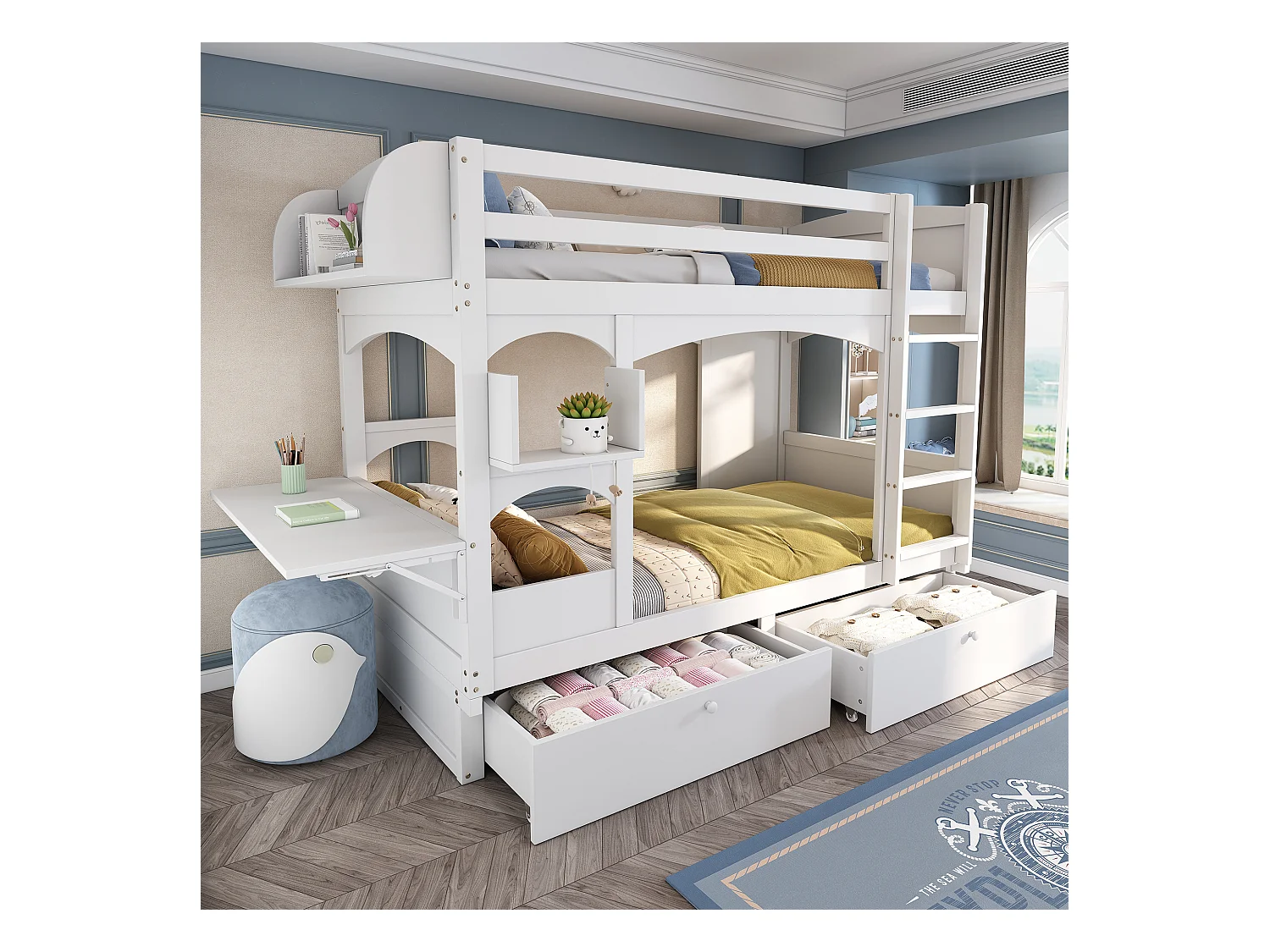 Kinder-Etagenbett, Doppelbett, multifunktionales Kinderbett, mit klappbarem Schreibtisch