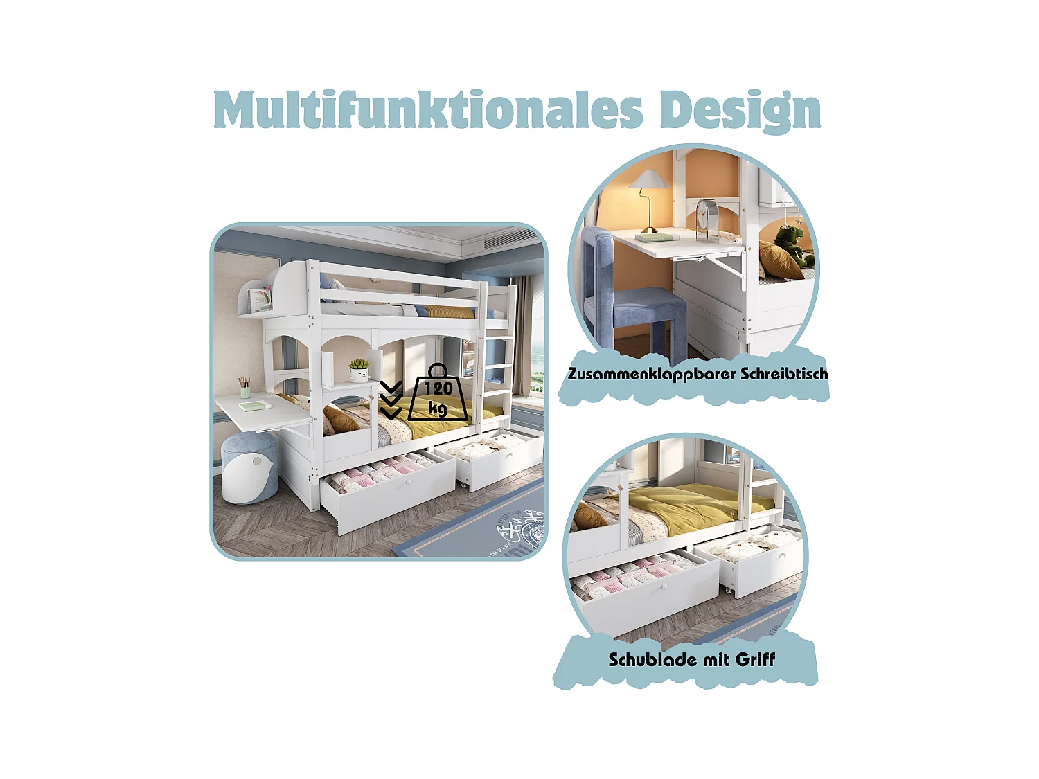 Kinder-Etagenbett, Doppelbett, multifunktionales Kinderbett, mit klappbarem Schreibtisch