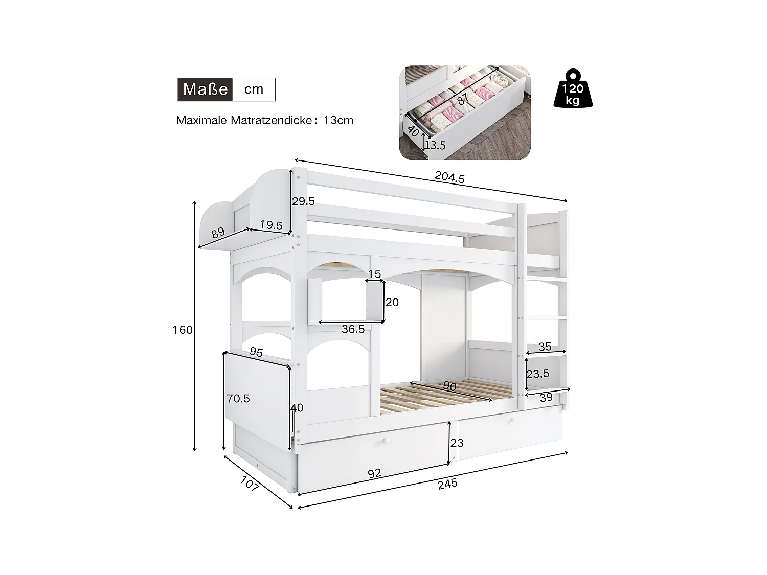 Kinder-Etagenbett, Doppelbett, multifunktionales Kinderbett, mit klappbarem Schreibtisch