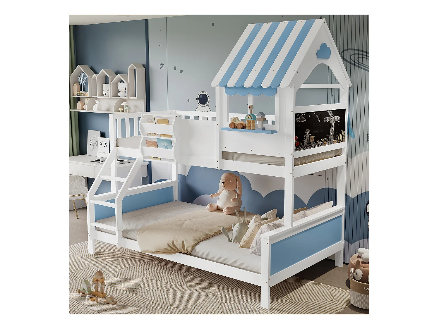 Etagenbett, Kinderbett, mit Stauraumkasten, mit dreistufiger Schrägleiter