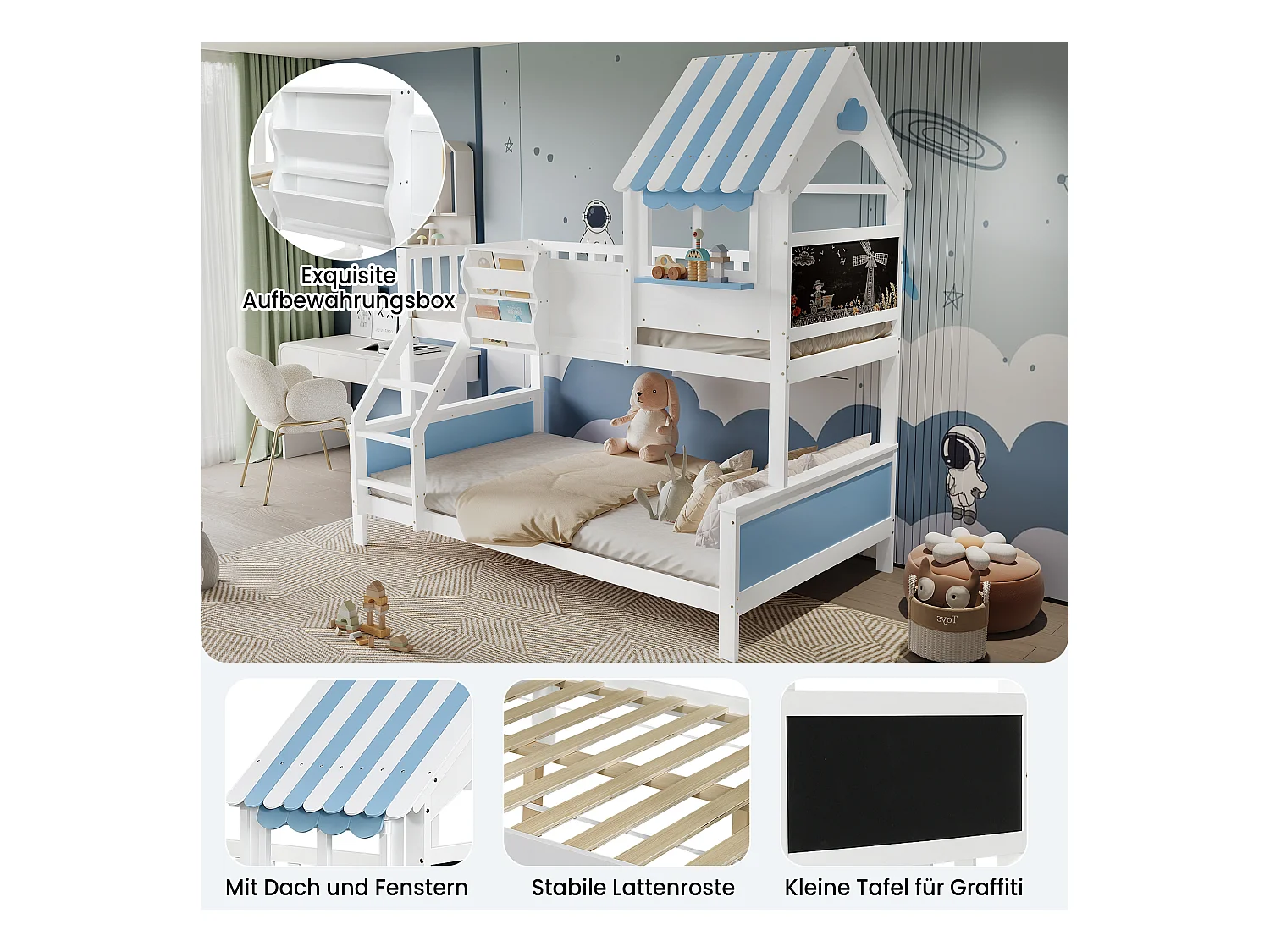 Etagenbett, Kinderbett, mit Stauraumkasten, mit dreistufiger Schrägleiter