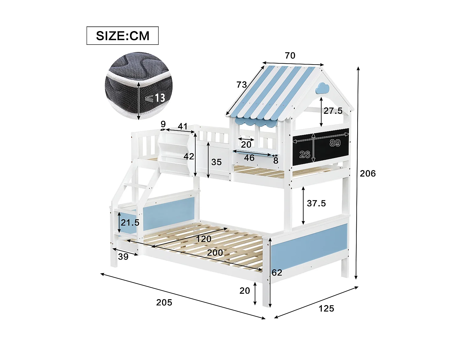 Letto a castello per bambini con cassetto contenitore e scala inclinata a tre gradini