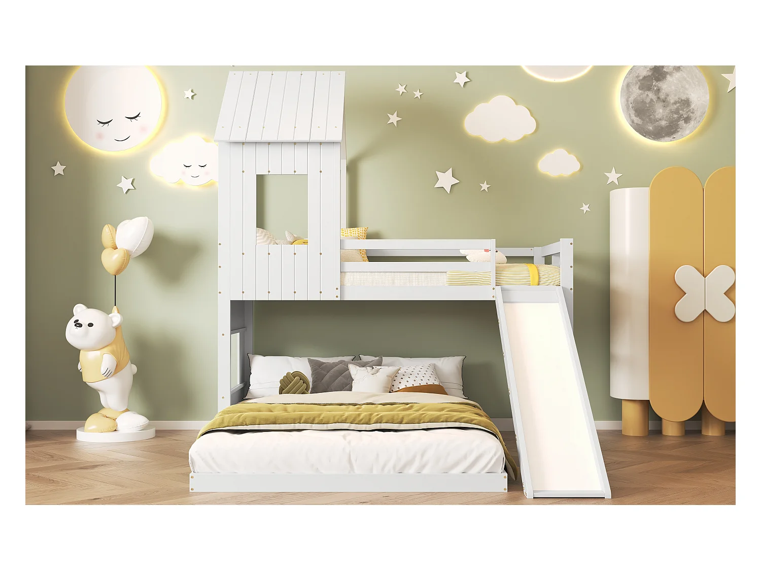 Lit superposé avec toboggan, lit cabane, lit enfant, avec barrière de sécurité