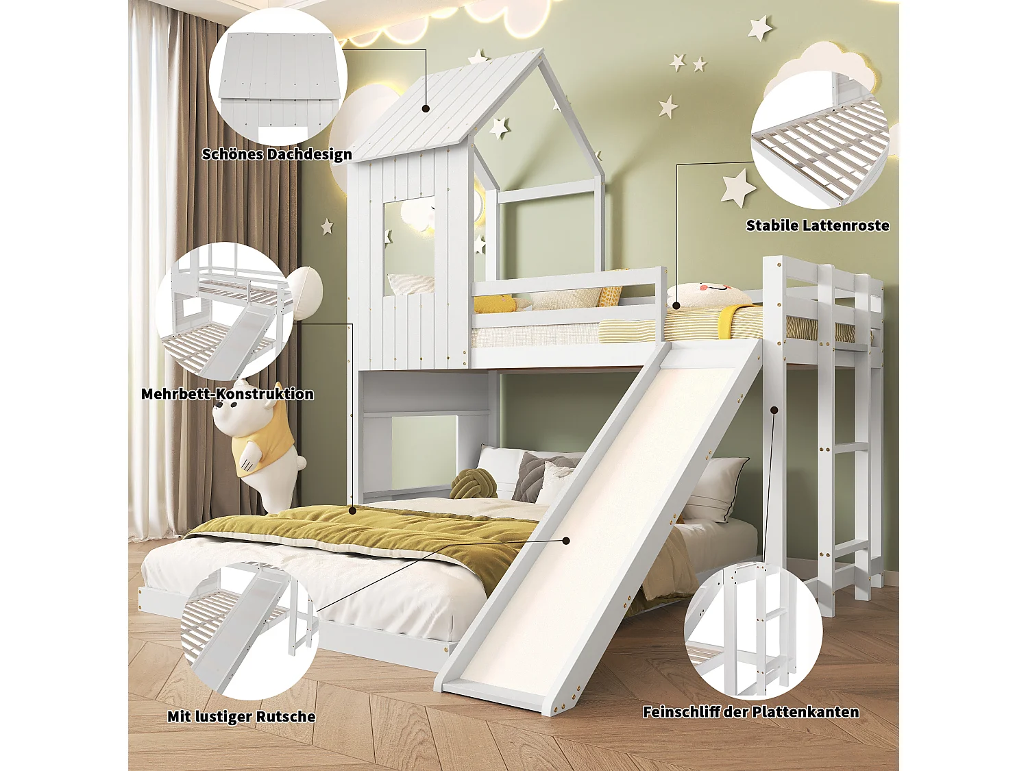 Stapelbed met glijbaan, hoogslaper, kinderbed, met uitvalbeveiliging