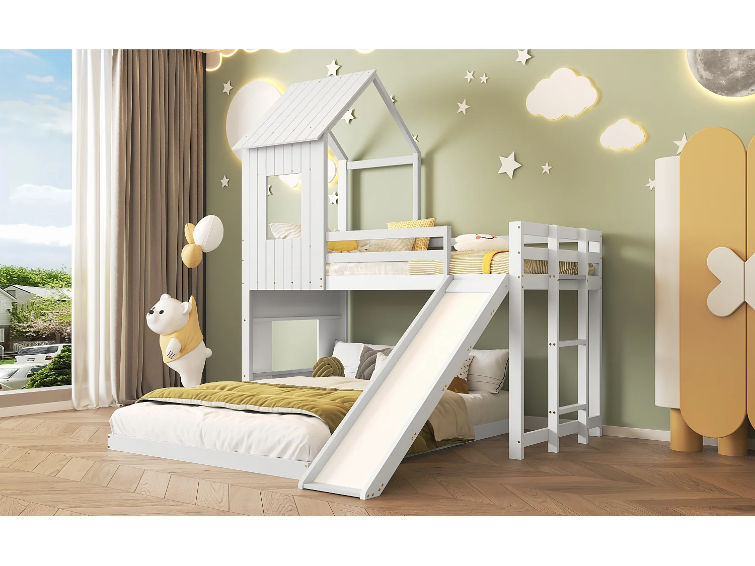 Stapelbed met glijbaan, hoogslaper, kinderbed, met uitvalbeveiliging
