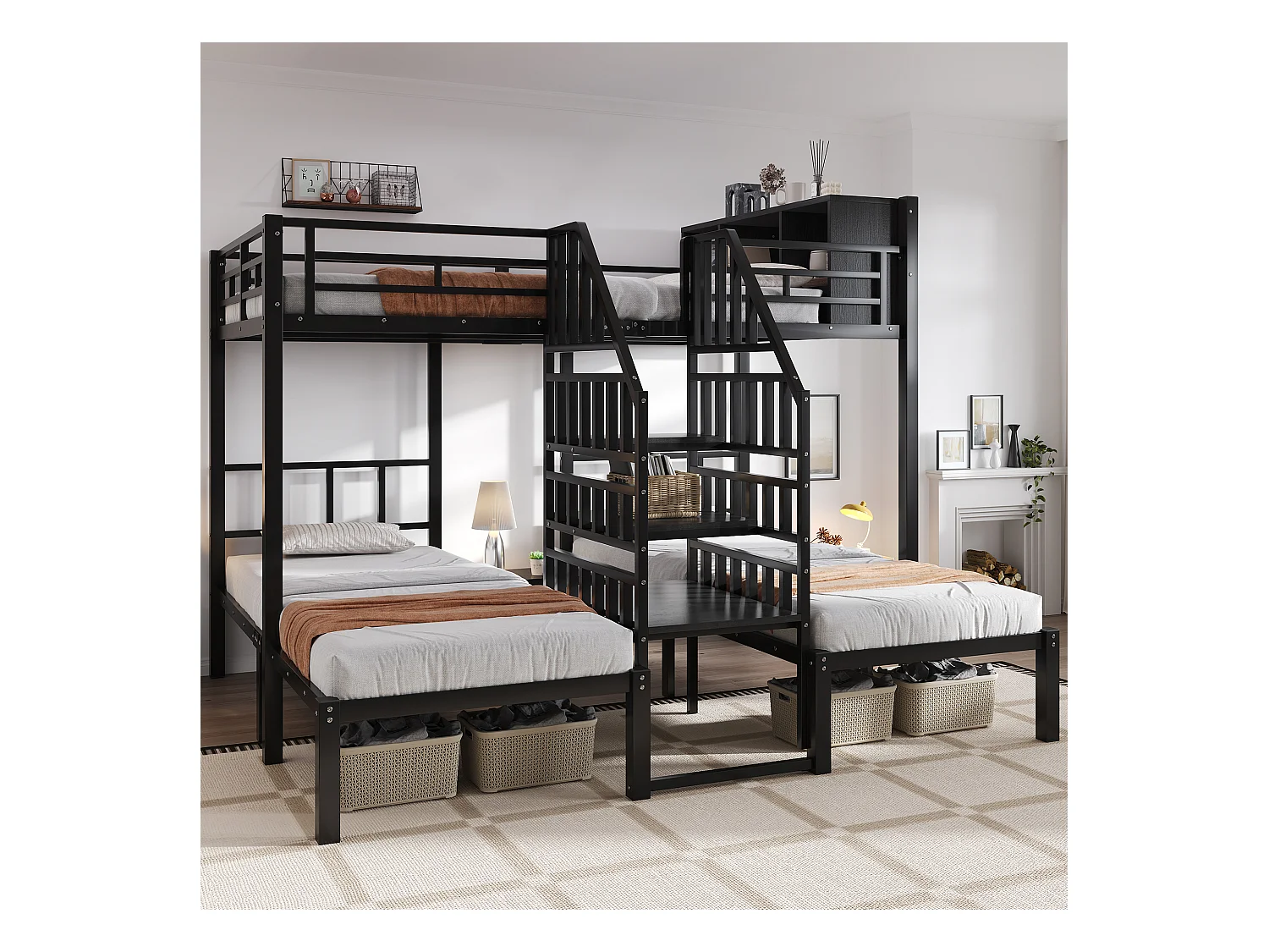 Eisenbett, Etagenbett, Mit drei Schlafplätzen, Bequeme Treppe mit Handläufen