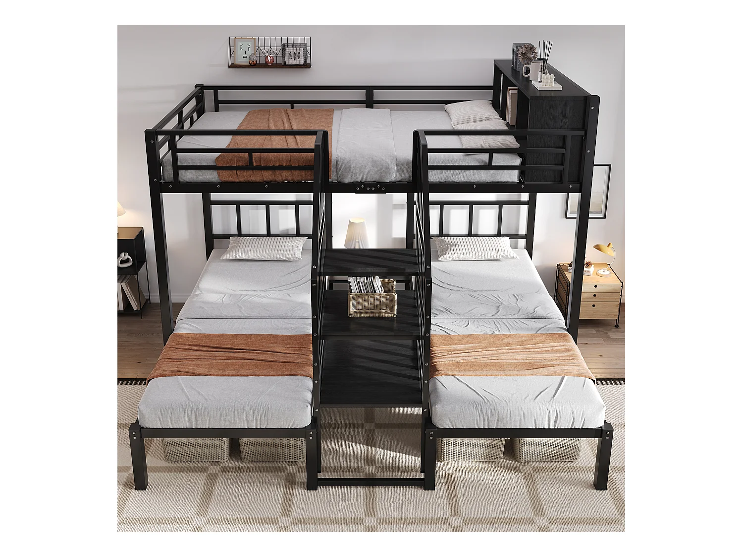 Eisenbett, Etagenbett, Mit drei Schlafplätzen, Bequeme Treppe mit Handläufen