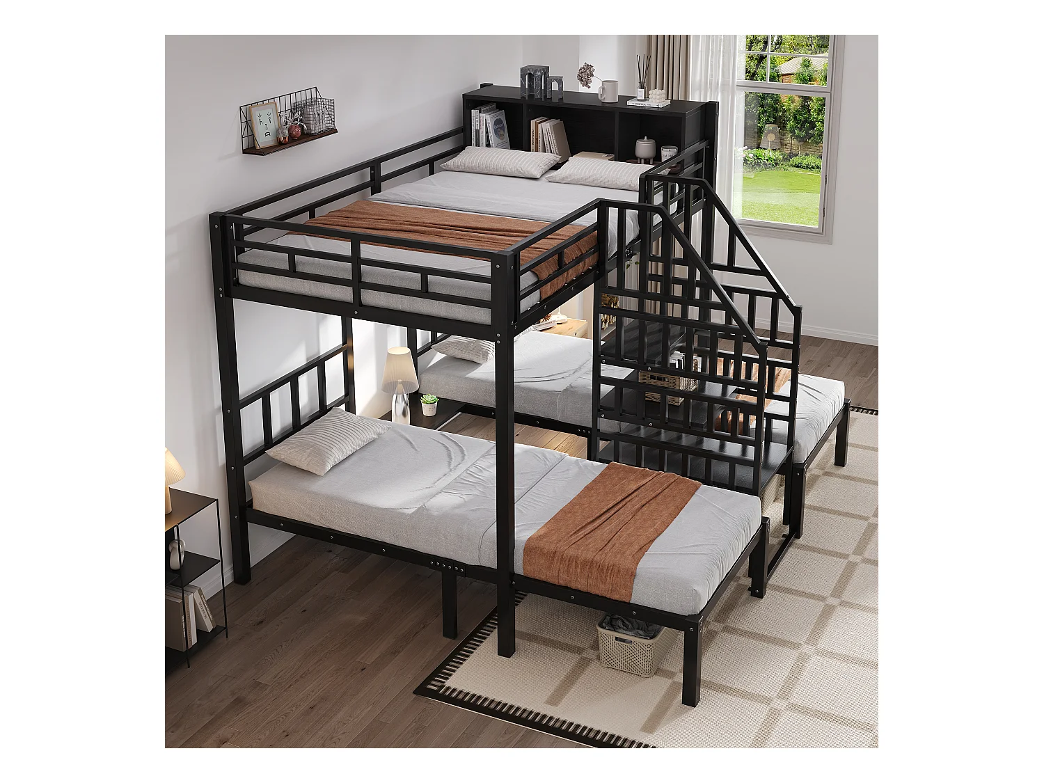 Eisenbett, Etagenbett, Mit drei Schlafplätzen, Bequeme Treppe mit Handläufen