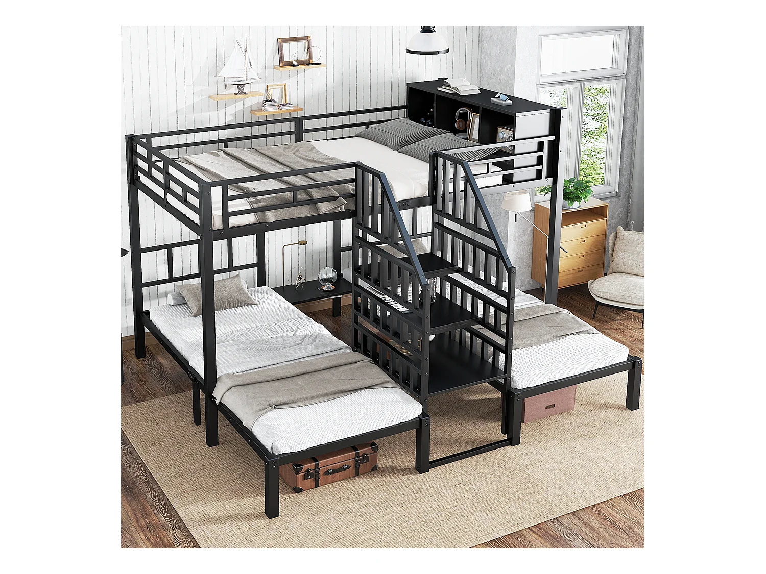Eisenbett, Etagenbett, Mit drei Schlafplätzen, Bequeme Treppe mit Handläufen