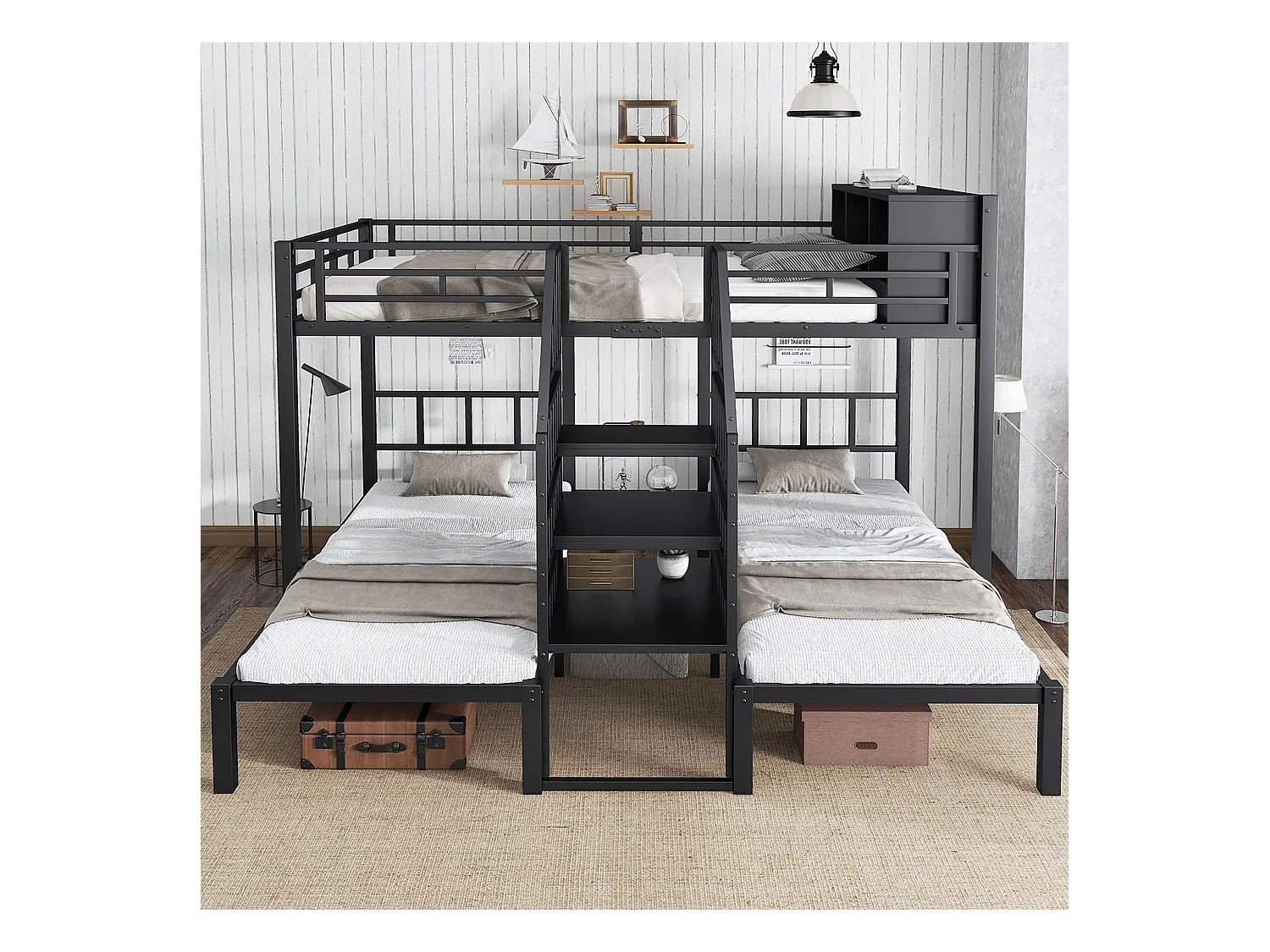 Eisenbett, Etagenbett, Mit drei Schlafplätzen, Bequeme Treppe mit Handläufen