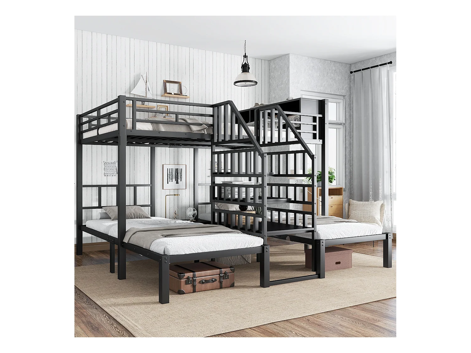 Eisenbett, Etagenbett, Mit drei Schlafplätzen, Bequeme Treppe mit Handläufen