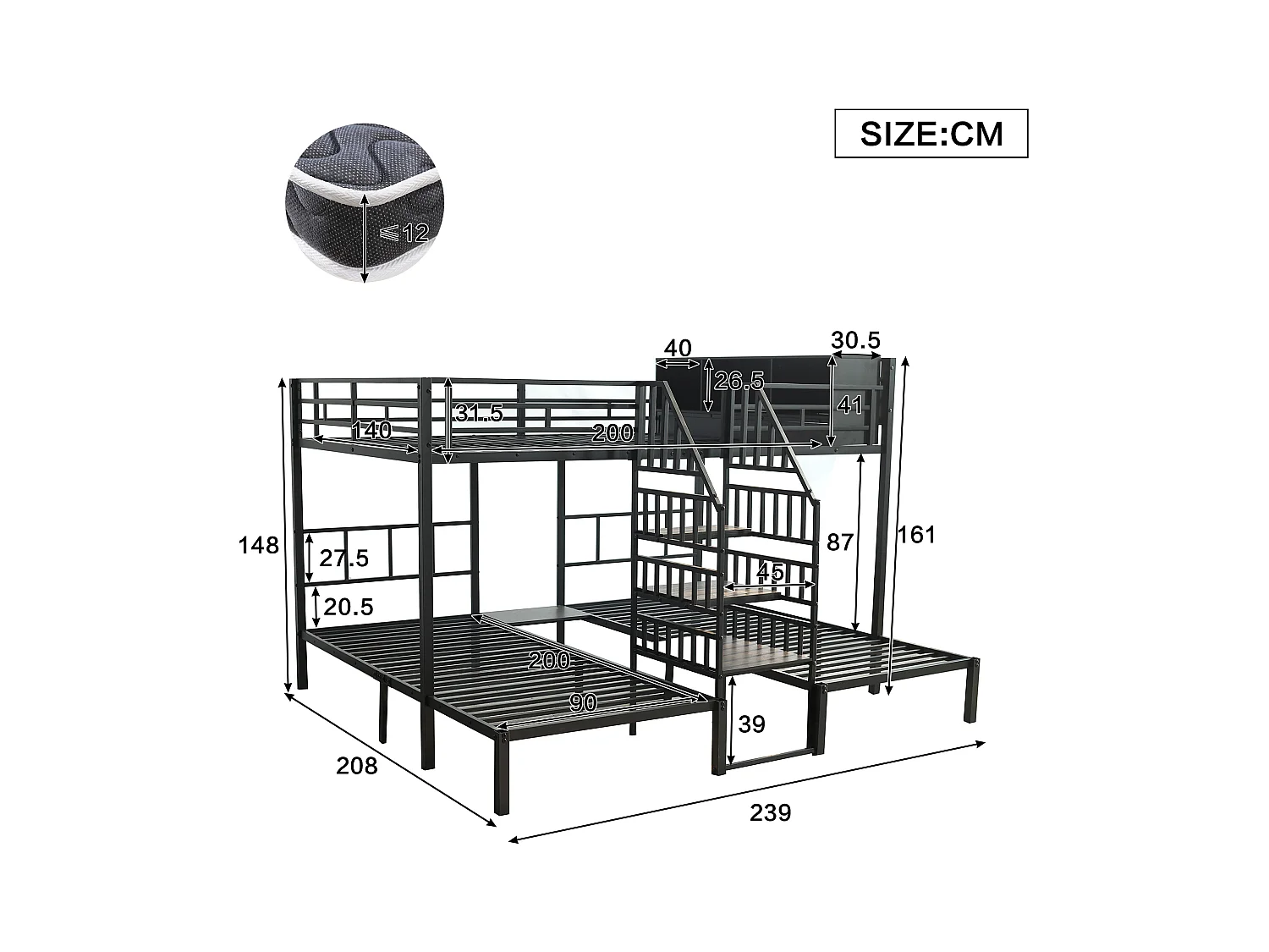 Eisenbett, Etagenbett, Mit drei Schlafplätzen, Bequeme Treppe mit Handläufen