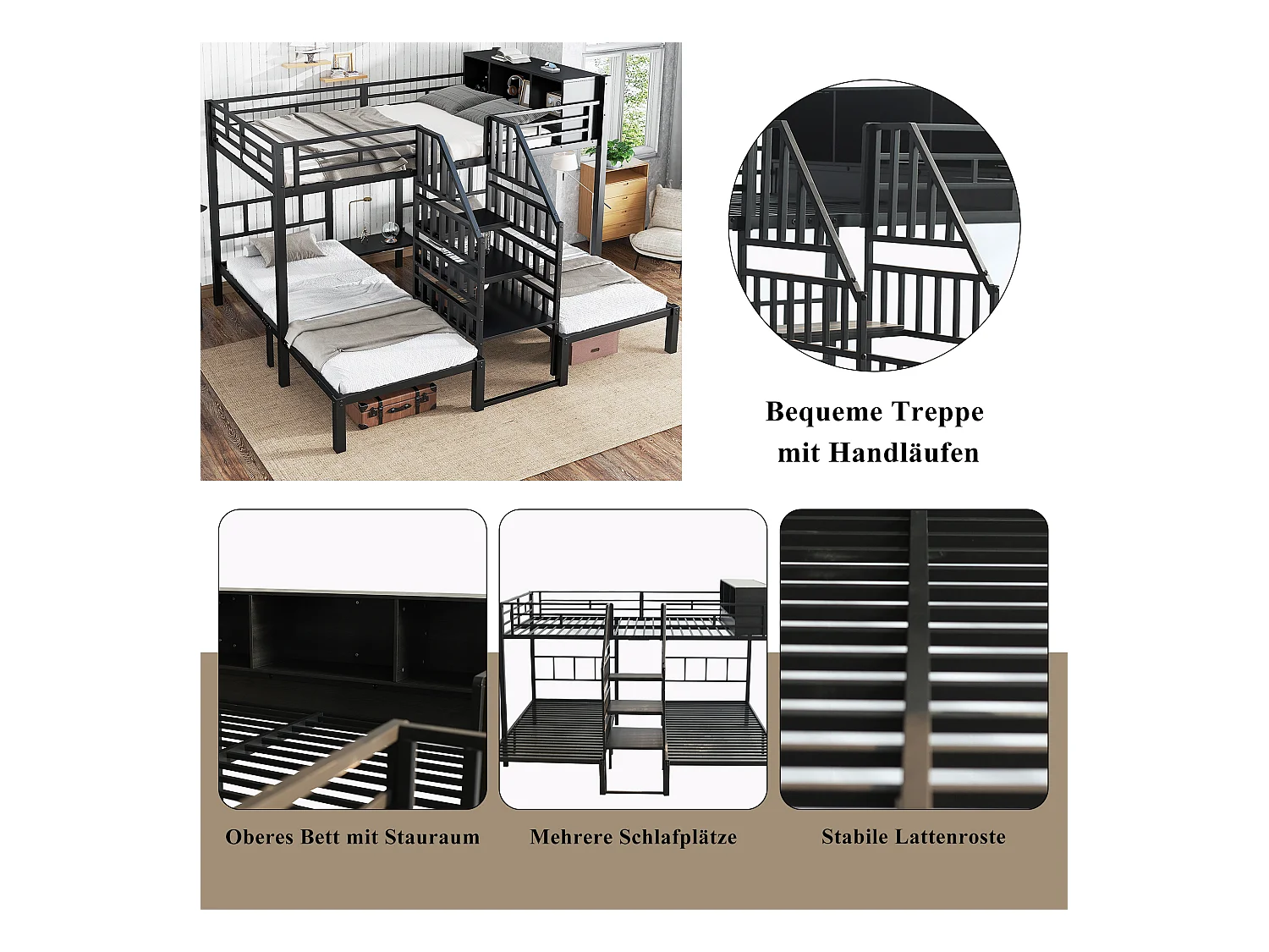 Eisenbett, Etagenbett, Mit drei Schlafplätzen, Bequeme Treppe mit Handläufen