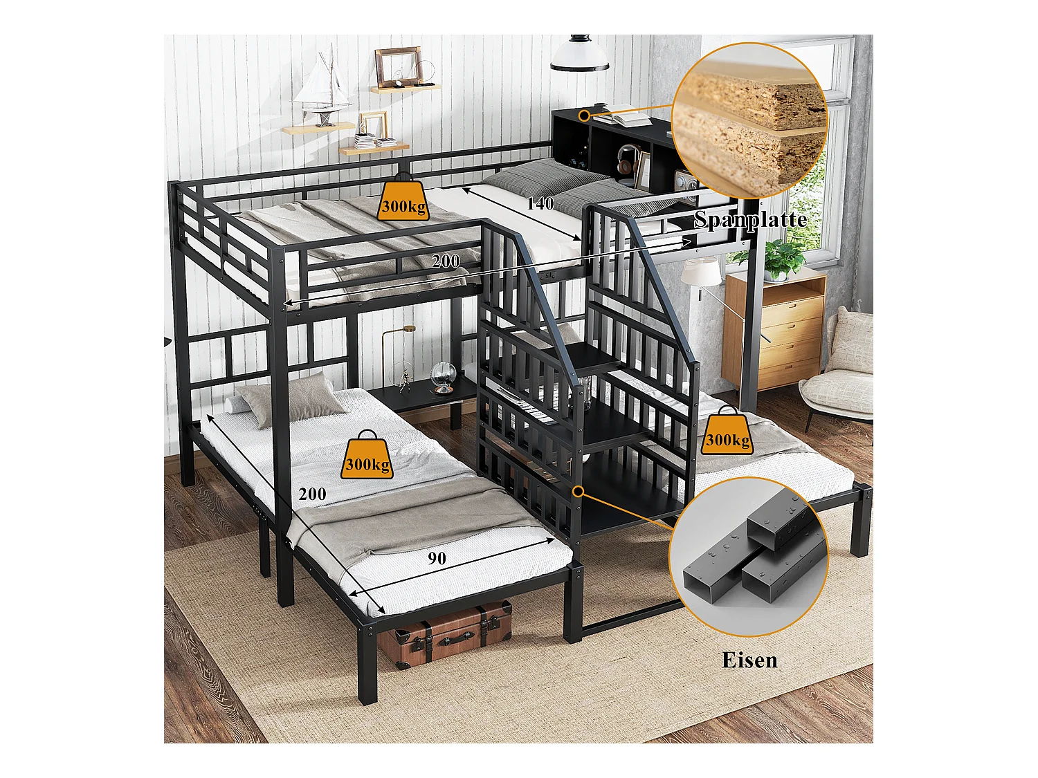Eisenbett, Etagenbett, Mit drei Schlafplätzen, Bequeme Treppe mit Handläufen