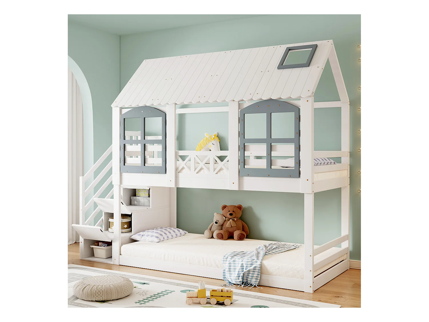 Etagenbett, Kinderbett, Kinderbett mit Dach und Fenster, mit Fallschutzgitter