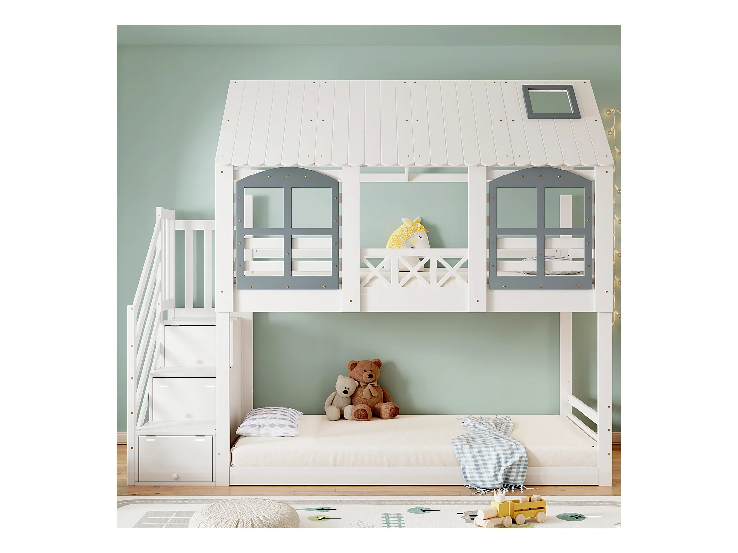 Etagenbett, Kinderbett, Kinderbett mit Dach und Fenster, mit Fallschutzgitter