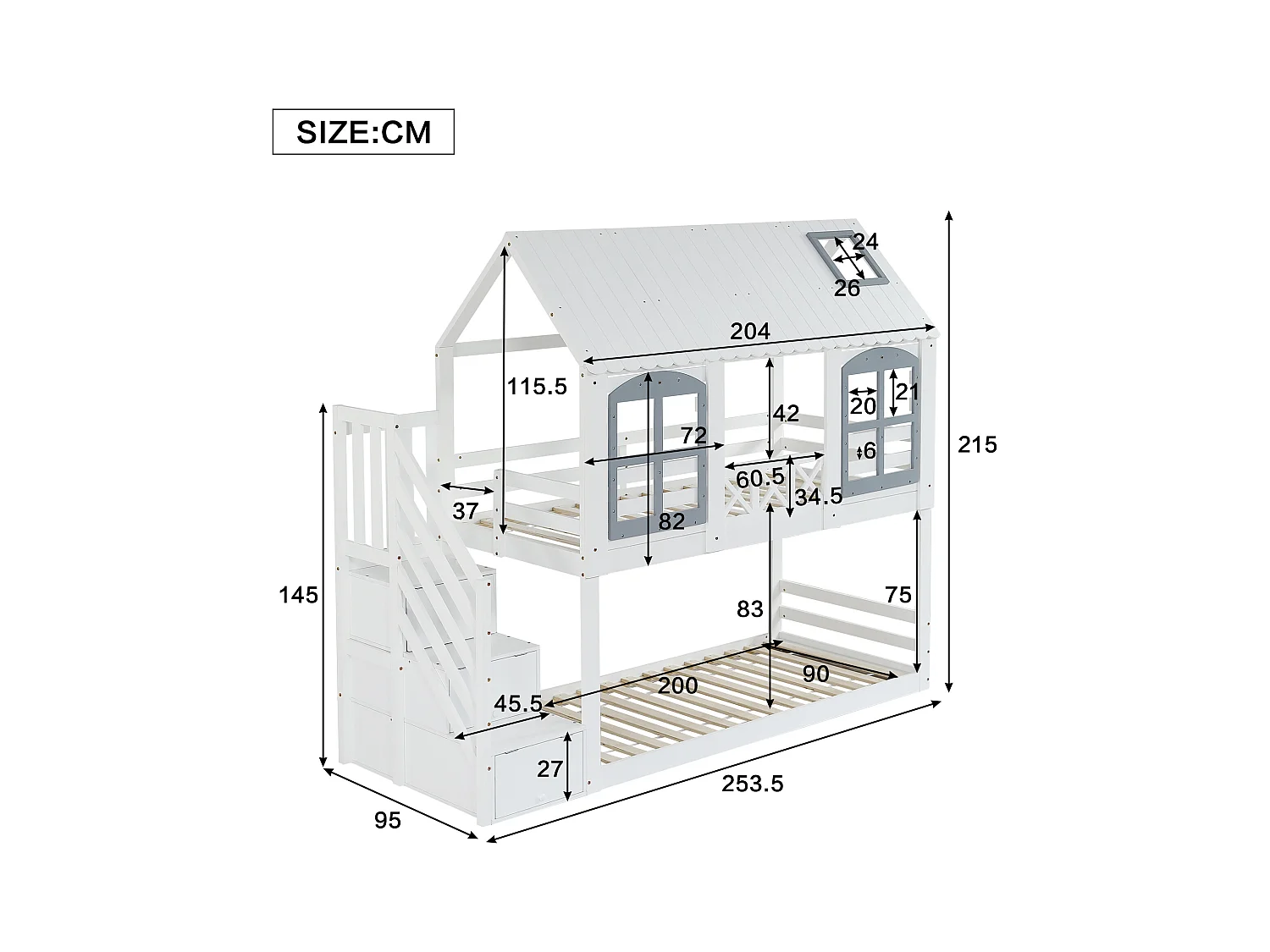 Etagenbett, Kinderbett, Kinderbett mit Dach und Fenster, mit Fallschutzgitter