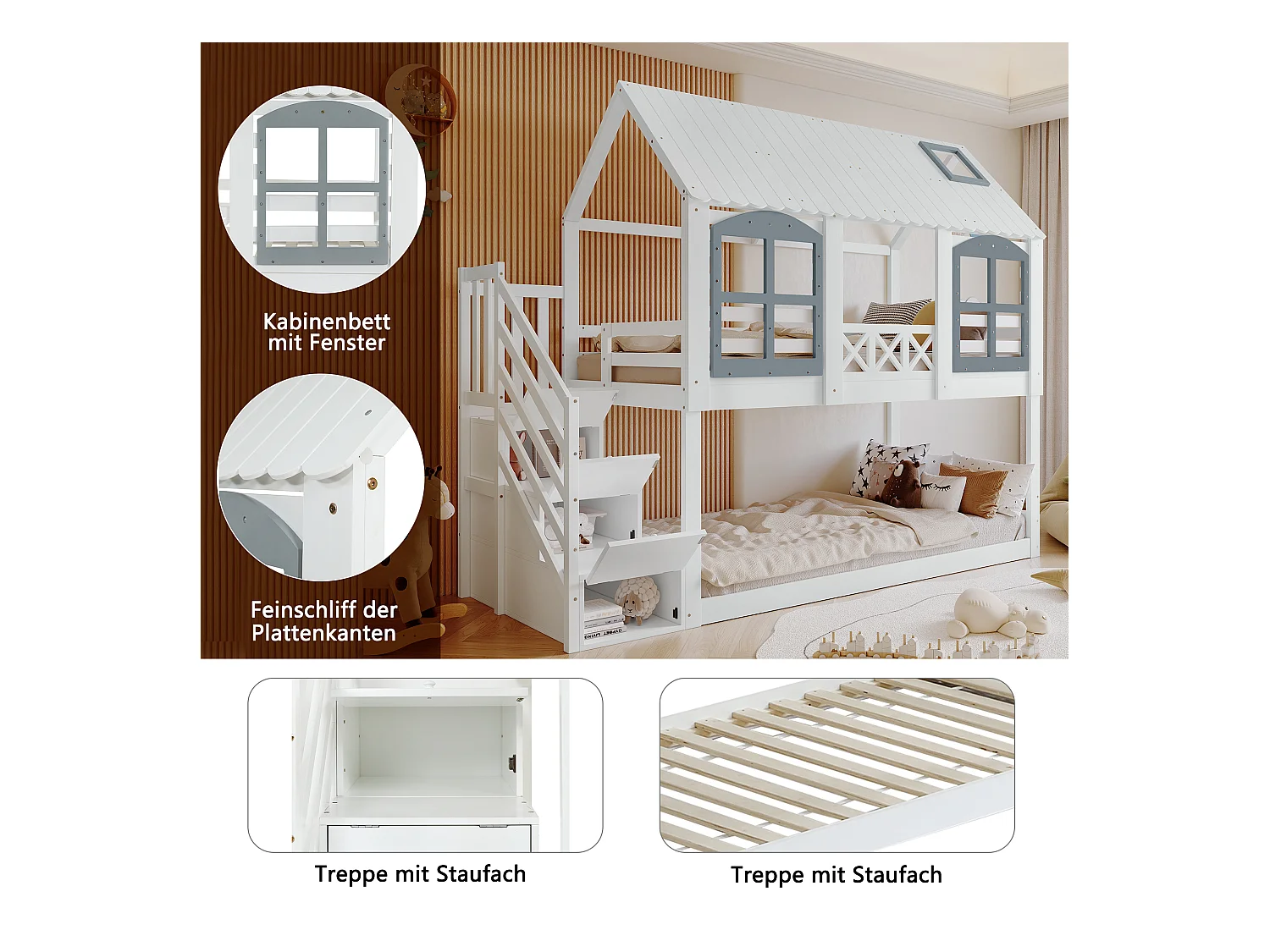 Etagenbett, Kinderbett, Kinderbett mit Dach und Fenster, mit Fallschutzgitter