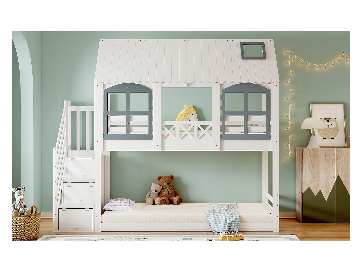 Etagenbett, Kinderbett, Kinderbett mit Dach und Fenster, mit Fallschutzgitter