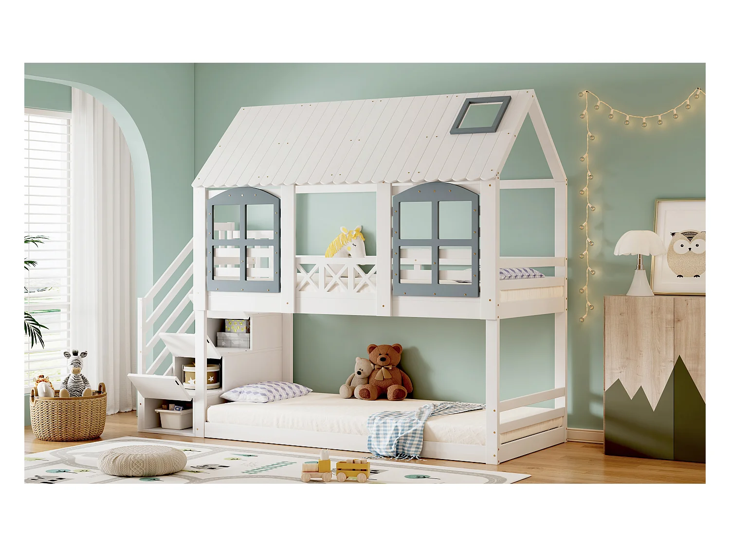 Etagenbett, Kinderbett, Kinderbett mit Dach und Fenster, mit Fallschutzgitter